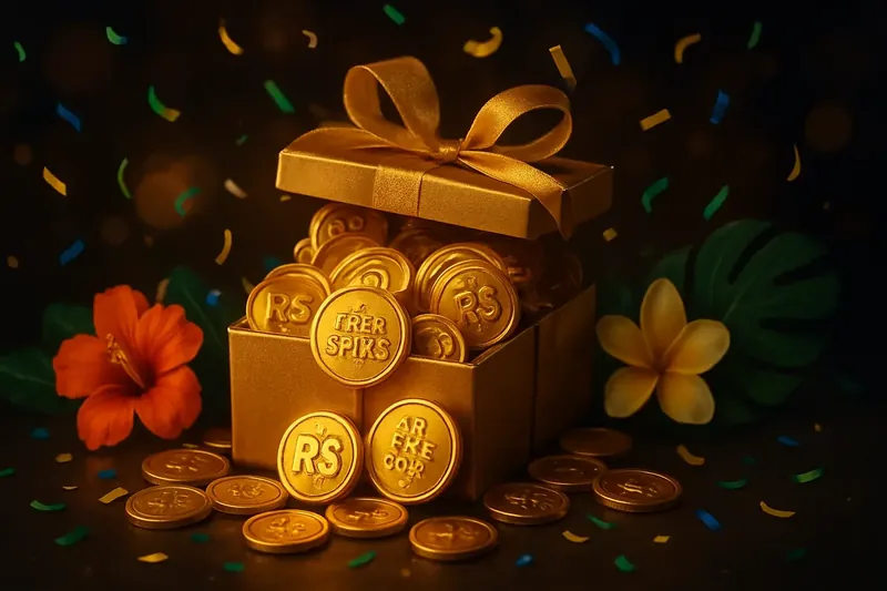 Caixa dourada com moedas em real, giros grátis e confetes de carnaval