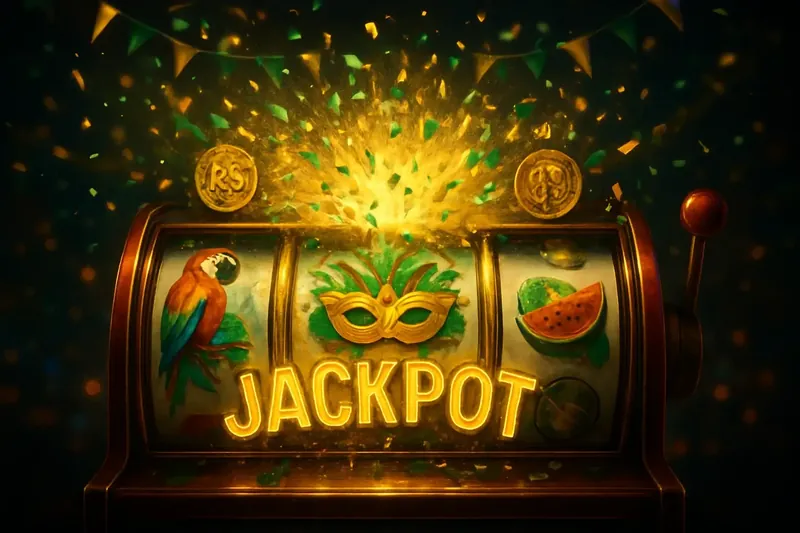 Caça-níqueis brasileiro com símbolos tropicais, jackpot e confetes verde e dourado