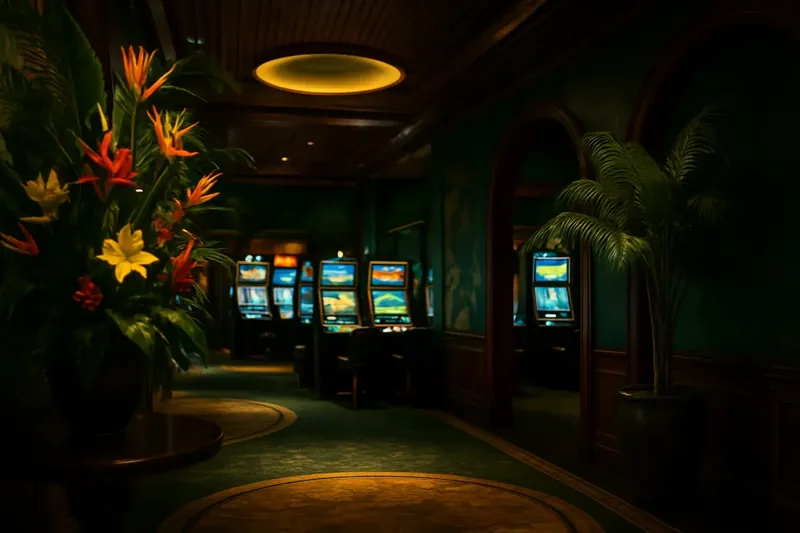 Lobby de cassino elegante com decoração tropical brasileira e telas brilhantes