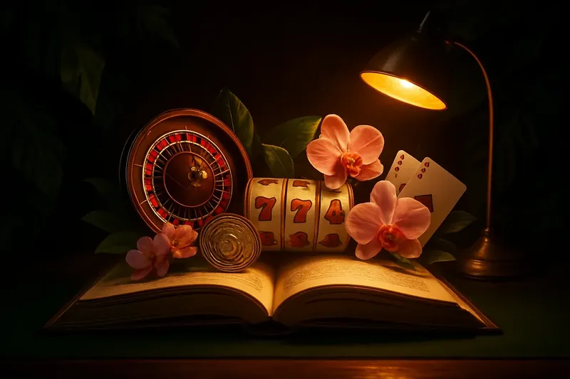 Livro aberto com jogos de cassino, moedas em real e orquídeas