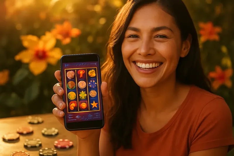 Jogador brasileiro segurando smartphone com caça-níquel online colorido e fichas