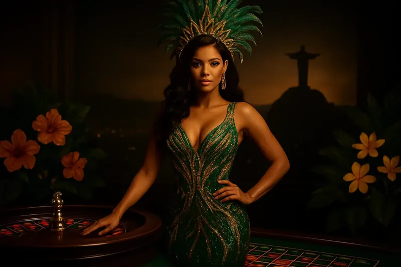 Mulher brasileira elegante em cassino com roleta e skyline do Rio